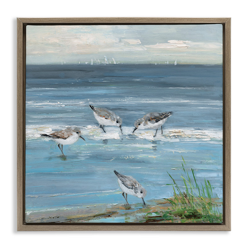 «Relaxed Sandpipers on Shore», art mural encadré sur toile flottante, design par Sally Swatland, H 25 po x l 25 po