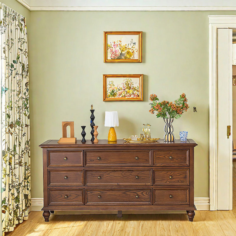 Vintage Living Room Accent Cabinet Solid Wood 9 -Drawer Accent Chest