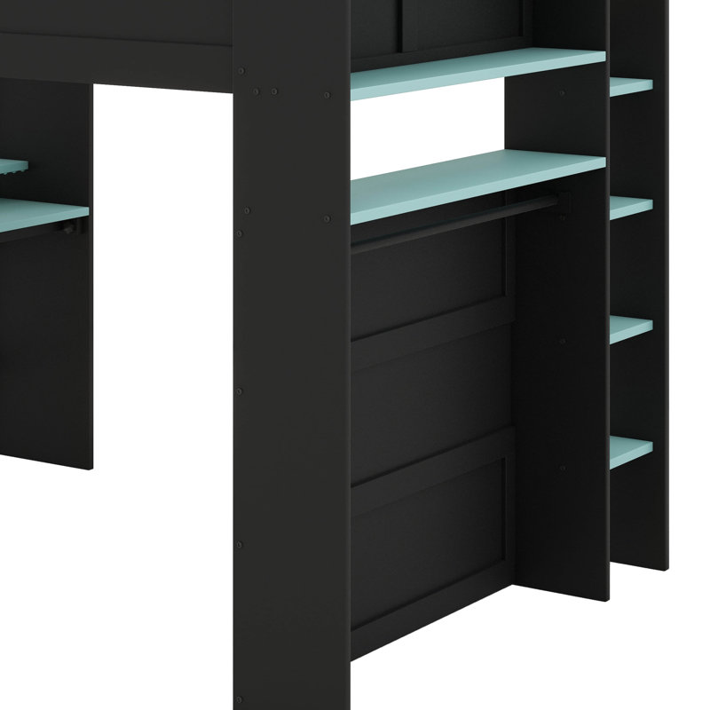 Lit superposé double avec bureau réglable en hauteur, avec garde-robe et choix d'éclairage RVB, Bleu