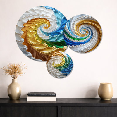 Yellow And Blue Fractal Kaleidoscope Dreams I – Geometric Metal Wall Decor Set of 3