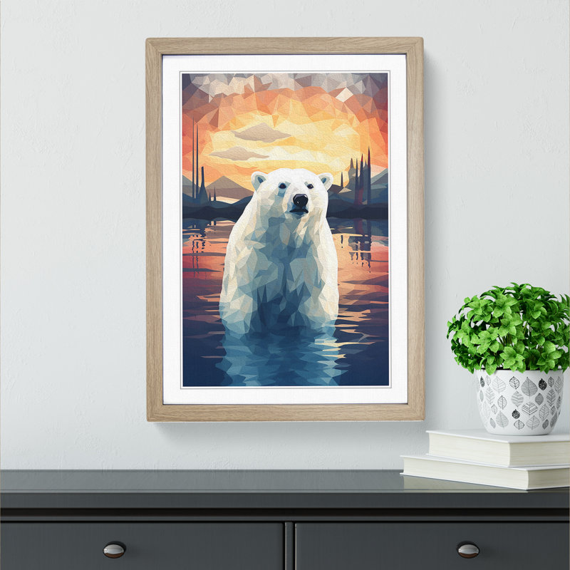 XYZ-FRM-V1223-5202 Polar Bear Geometric No.3 - Single Picture Frame Print on Wood, Oak, 64cm H x 46cm W x 2cm D