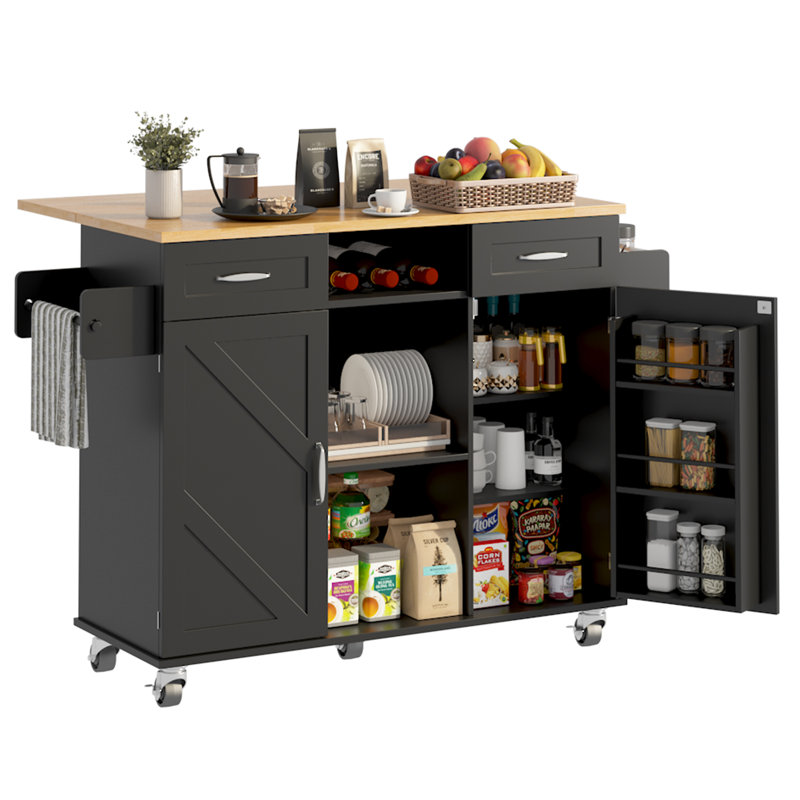Rolling Kitchen Island With Storage Cabinet & Drawers, Drop Leaf Kitchen Table On Wheels, Farmhouse Portable Kitchen Cart, Large Butcher Block Mobile Islands With Tower/ Spice Rack