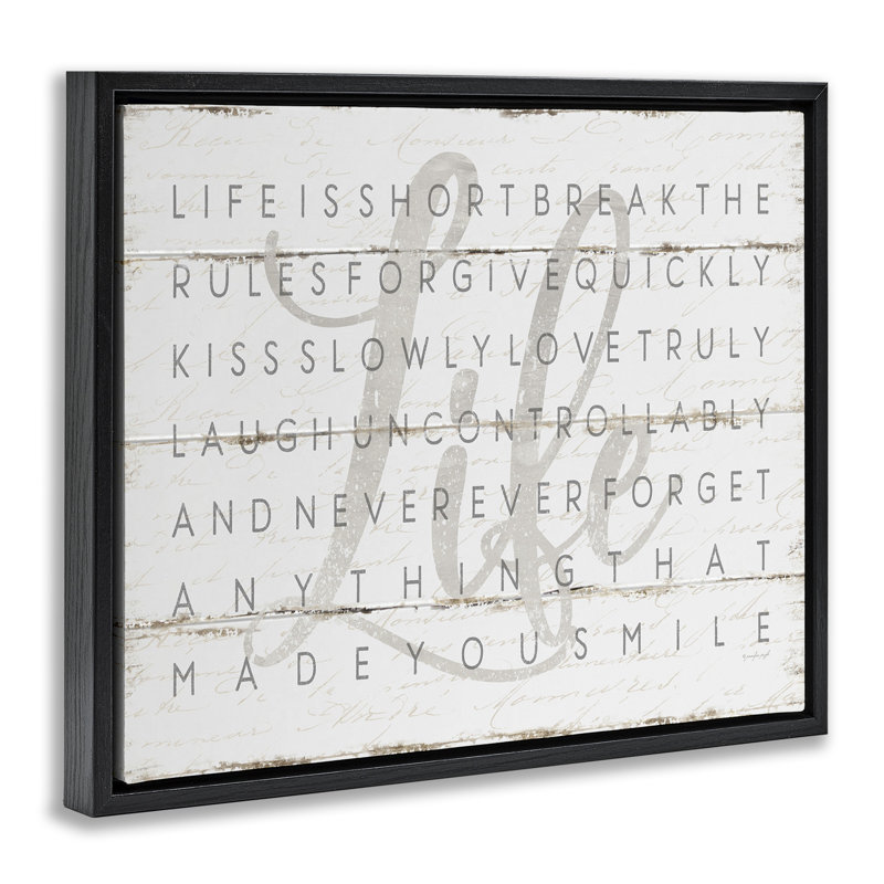 Art mural sur toile Life Is Short Smile on White Planked Look par Jennifer Pugh, Cadre flottant noir de jais