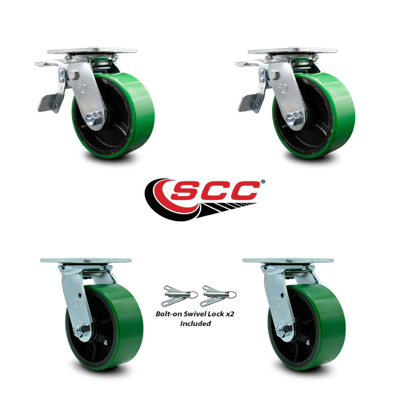 Ensemble de roulettes en acier 5 po avec roulement à rouleaux 2 freins 2 verrous pivotants, Vert
