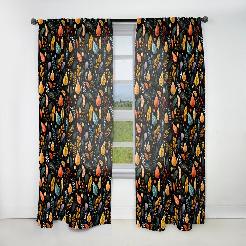 Feuilles multicolores botaniques sur motif noir - Rideau en velours bohémien - obscurcissant - 1 panneau, L 52 po x L 90 po