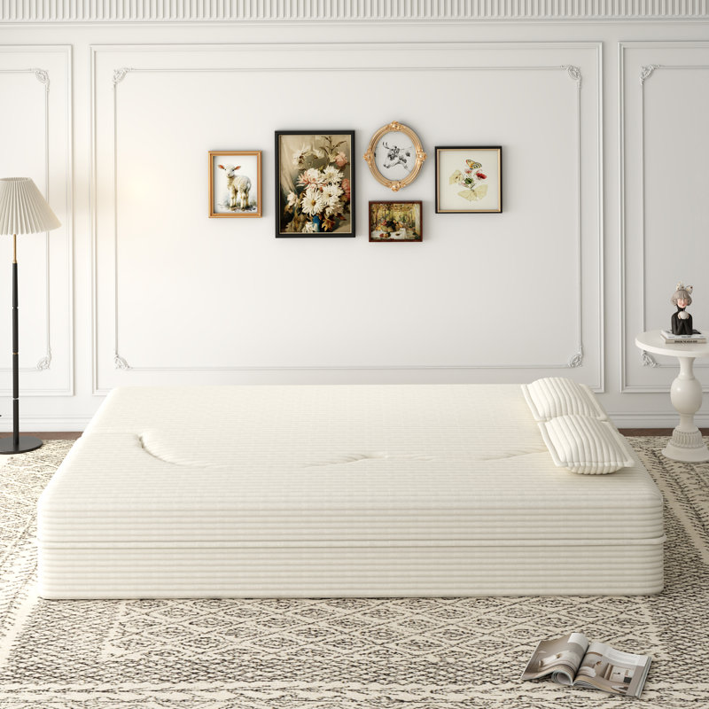 Canapé-lit moderne avec 2 coussins, canapé-lit en velours côtelé moelleux convertible, 15 /, Beige
