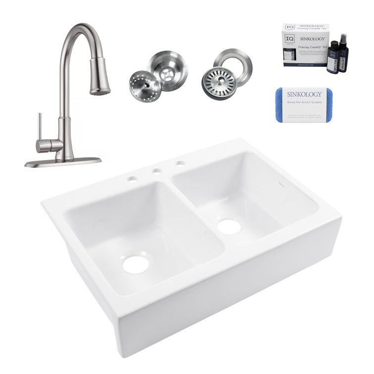 Parker Fireclay 34" Double Bowl Quick-Fit Farmhouse Apron Front Drop-in Kitchen Sink with Pfirst Faucet Kit