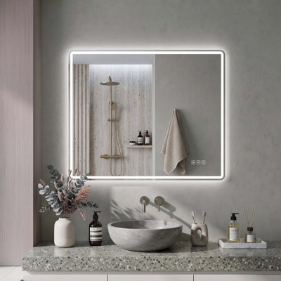 Miroir de salle de bain rectangulaire à DEL de 61 cm (L) × 81 cm (H), équipé d'un éclairage avant et arrière et d'un système antibuée intégré.
