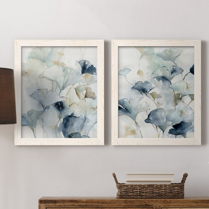 Indigo Ginkgo I - peinture sur toile 2 pièces, Cadre blanc, H 37,5 po x l 27,5 po x P 1 po