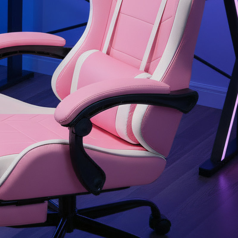 High-Back Reclining Leather Gaming Chair, Pink With Footrest And Lumbar Support, Height Adjustable, Ergonomic And Comfortable Computer Chair For Home And Office Use.