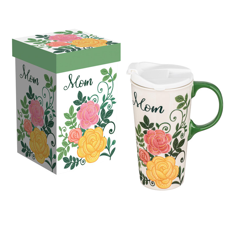 Mom & Florals Ceramic Travel Coffee Cup with Gift Box, 17oz.