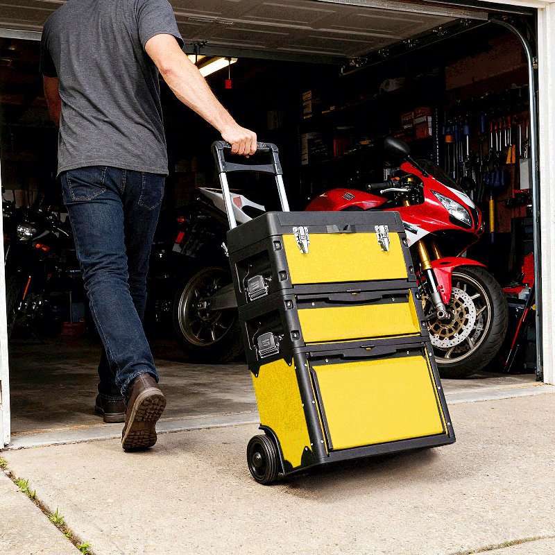 Boîte à outils 3-en-1 empilable avec roulettes, Jaune