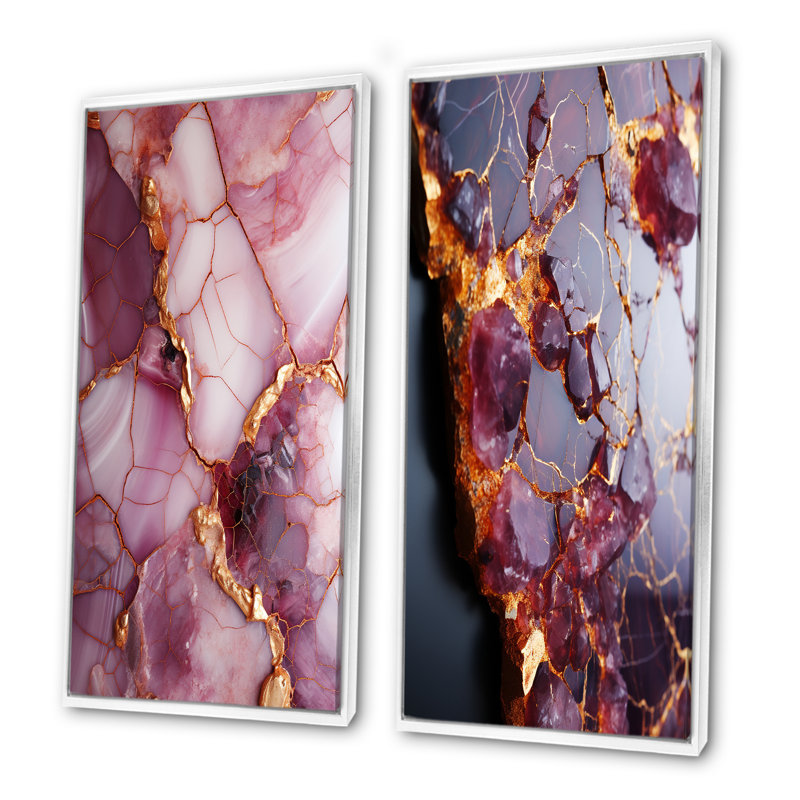 «Pink and Gold Marble River IV», ensemble de 2 impressions sur toile abstraites, Cadre flottant blanc, H 40 po x l 41 po