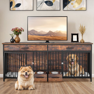 Wooden Double Dog Crate Furniture with Feeders