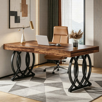 63" Executive Desk, Modern Faux Marble Office Computer Desk With Gold Metal Frame