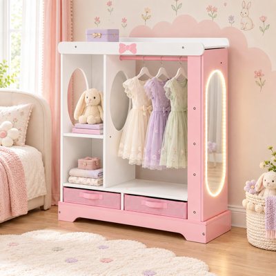 Kids Armoire with Jewelry Cabinet, Dress up Storage with Mirror and Shelves Storage Drawers Included -Pink