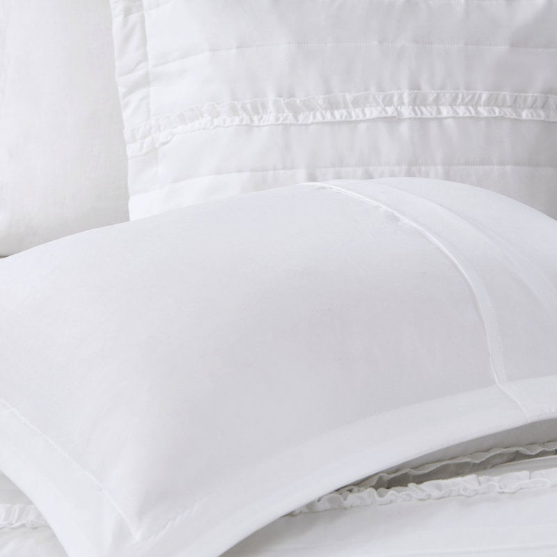 5 Piece Microfiber Ruffled Comforter , King, In Gorgeous White Shade King With Pieces, Ruffle And Decor