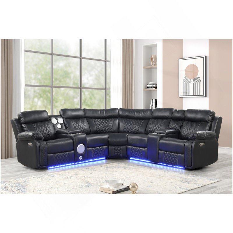 Lacrosse Modern Style Power Recliner Sectional With Bluetooth Speaker And LED Made With Wood & Metal In Black, Black