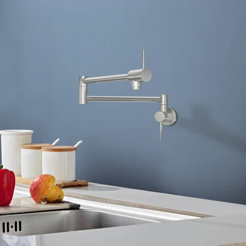 Topcraft 2 Handle Pot Filler Wall Mount Folding Kitchen Faucet, Brushed Nickel