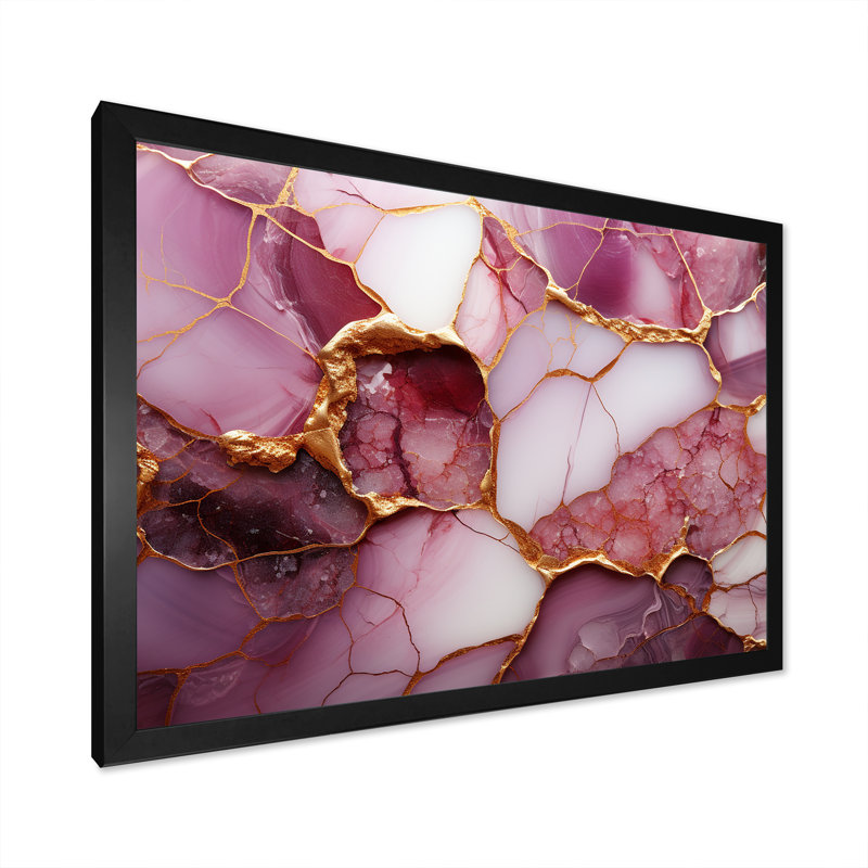 Rose et or rivière de marbre I - art mural abstrait encadré, Cadre d'angle fermé noir, H 24 po x l 32 po x P 1 po