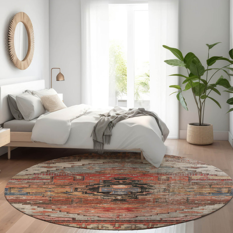 Tapis paprika Xhevrie intérieur / extérieur lavable à la machine, Rond 8 pi