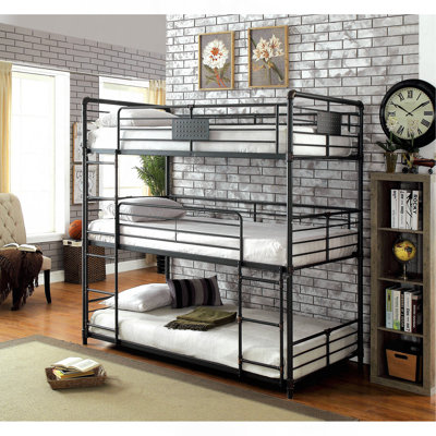Twin Over Twin Over Twin Bunk Bed Industrial Style Metal Structure Attached Dual Ladder Upper Guard Rails Pipe Framework Antique Black Finish