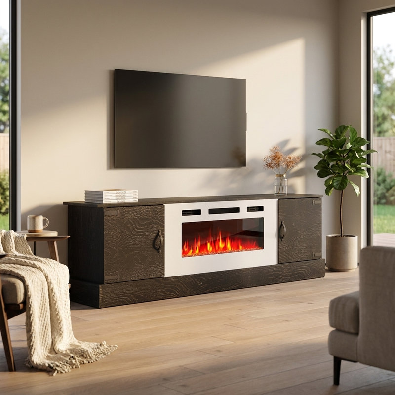 Horus 78.7" Modern TV Stand with Electric Fireplace, Matte Finish, Media Storage, Espresso/White