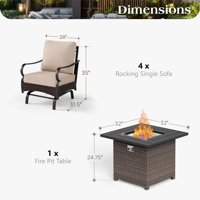 4-Person Rocking Sofa Chairs Seating Group with Fire Pit Table, Beige
