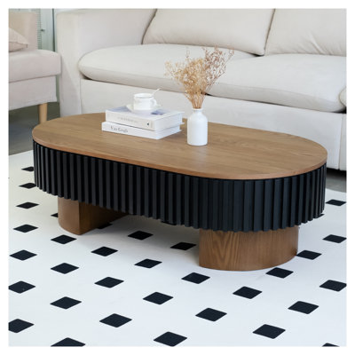 Table basse ovale moderne de 43,7 po avec rangement caché, table basse de salon en placage de bois massif avec plateau amovible, table basse multifonctionnelle noire et noyer pour le salon, la chambre à coucher et le bureau