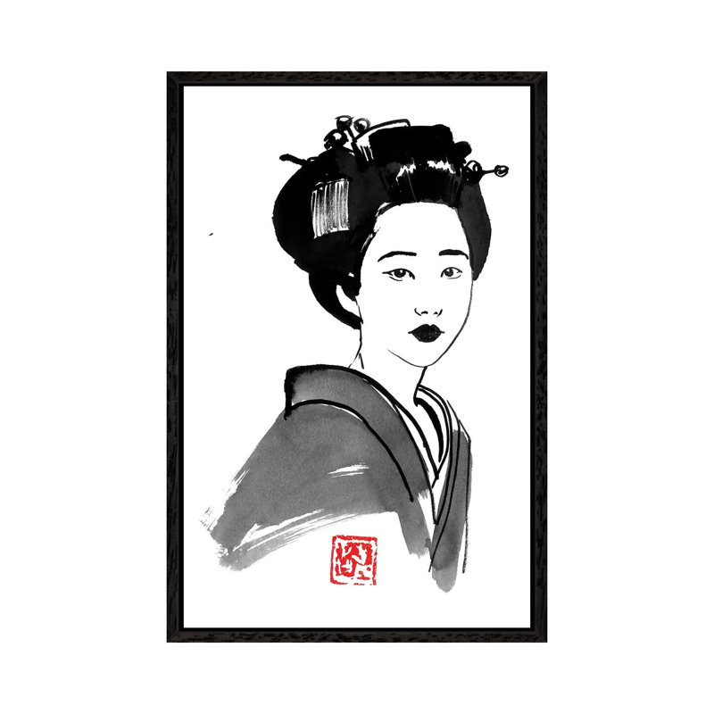 Geisha Starring by Péchane - Painting on Canvas, 101.6 cm H x 66.04 cm W, Black Framed