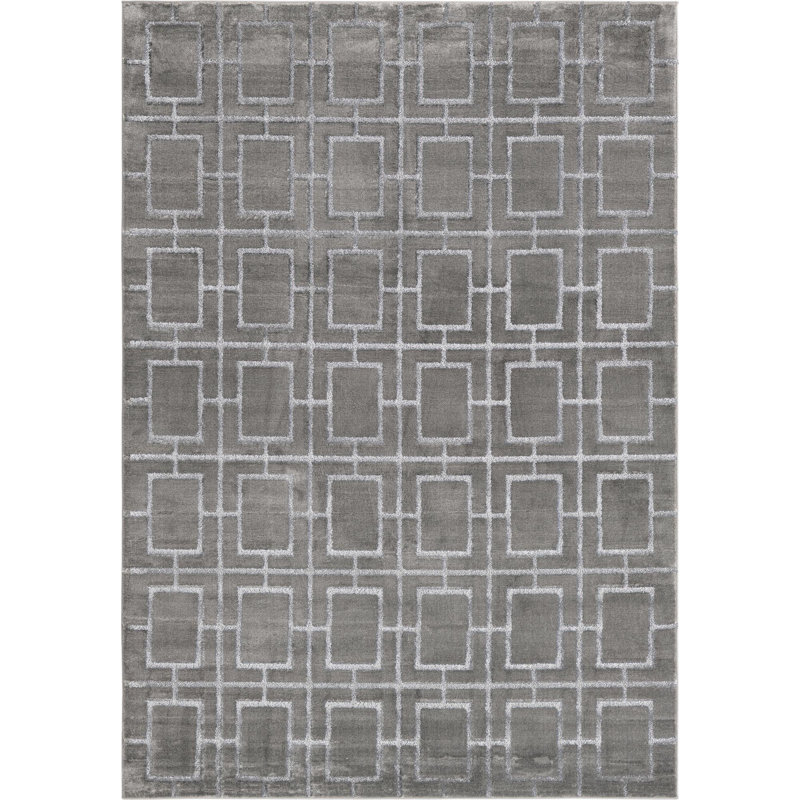 Glam Geometric Gray Silver Area Rug, Rectangle 7'1" x 10'