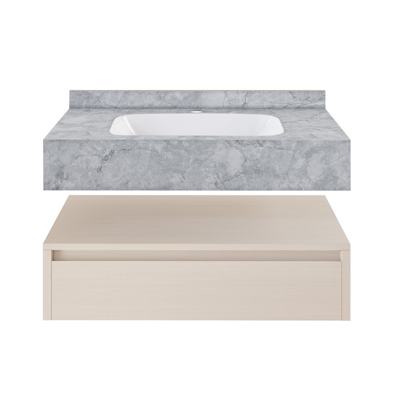 Meuble-lavabo mural 36 po Avancer en chêne naturel avec plateau en marbre noir Avancer, Chêne blanc, Gris