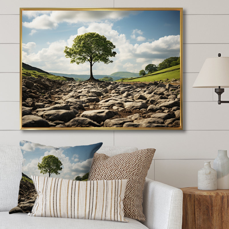 " Green Tree In Field ", 30" H x 40" W x 1.5" D, Gold