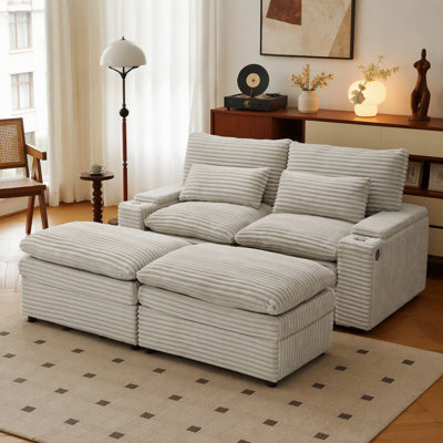 Causeuse avec quatre ports USB et deux porte-gobelets, canapé modulaire convertible avec espace de rangement et deux repose-pieds mobiles