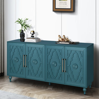 Grande armoire avec tablettes réglables et portes à fleurs attrayantes pour la maison - Poignée de rangement en métal bleu marine
