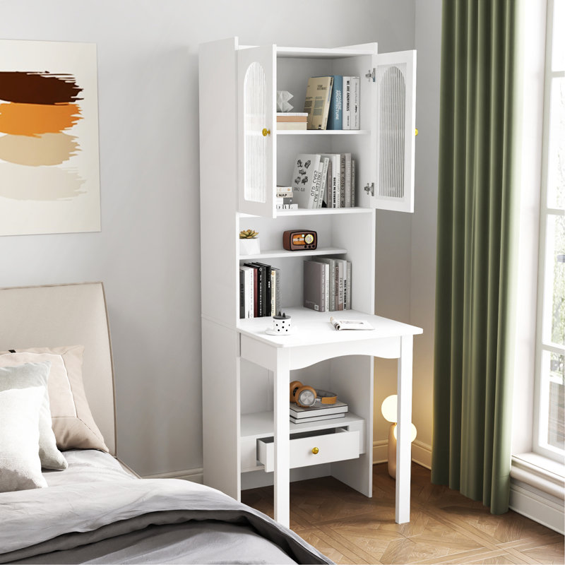 Table d'écriture pliable, armoire de bureau avec tablette et tiroir, Blanc
