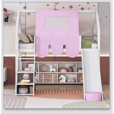 Wooden Loft Bed House-Shaped Frame With A Tent