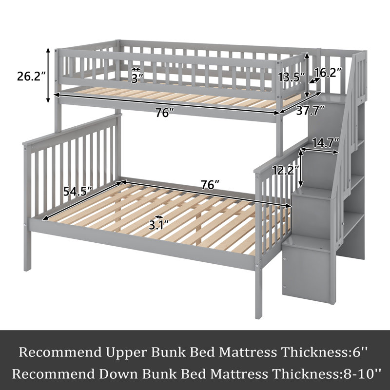 Jesseray Kids Twin Over Full Bunk Bed, Grey