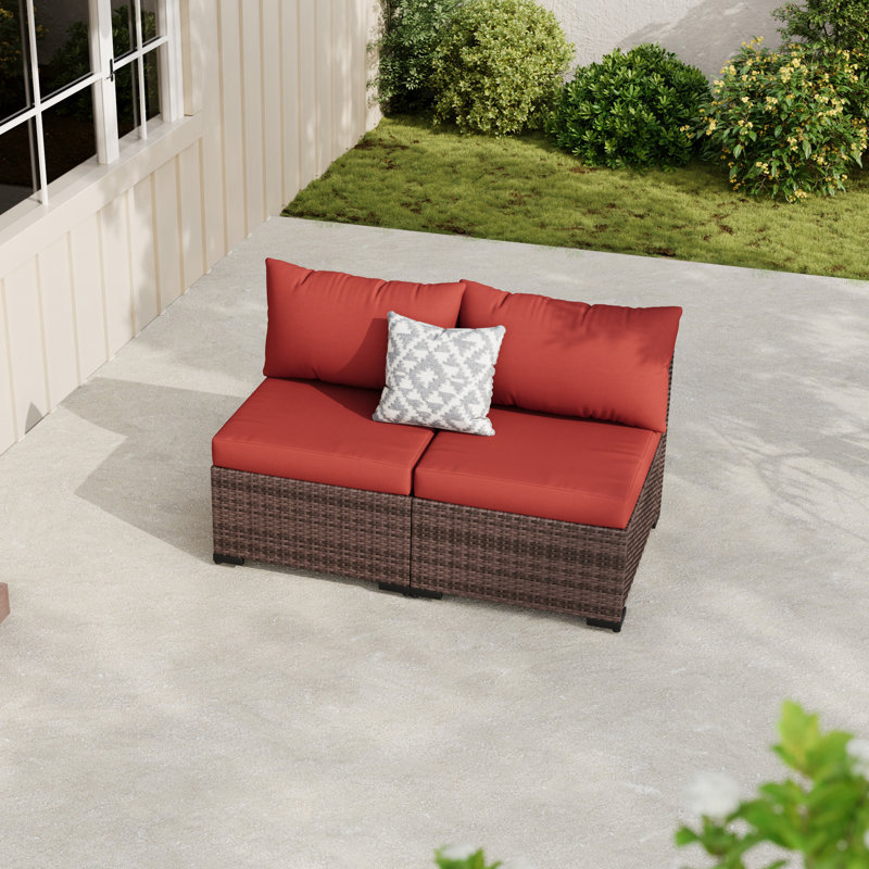 Chaises de patio d'extérieur sans accoudoirs en osier avec coussins 2 places, Rouge