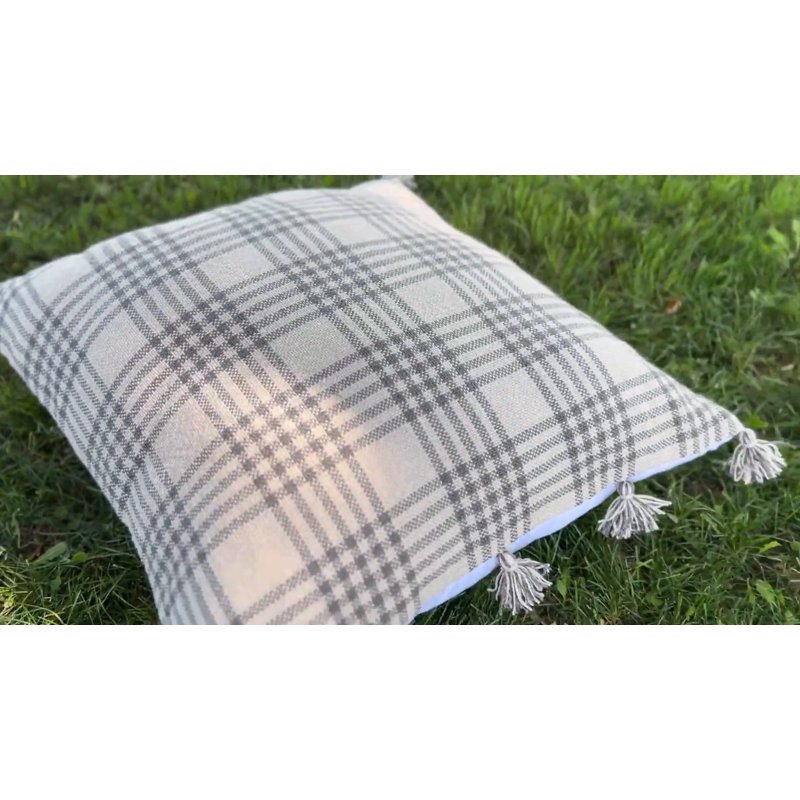 18x18 Inch Rust Plaid Outdoor Throw Pillow with Tassels