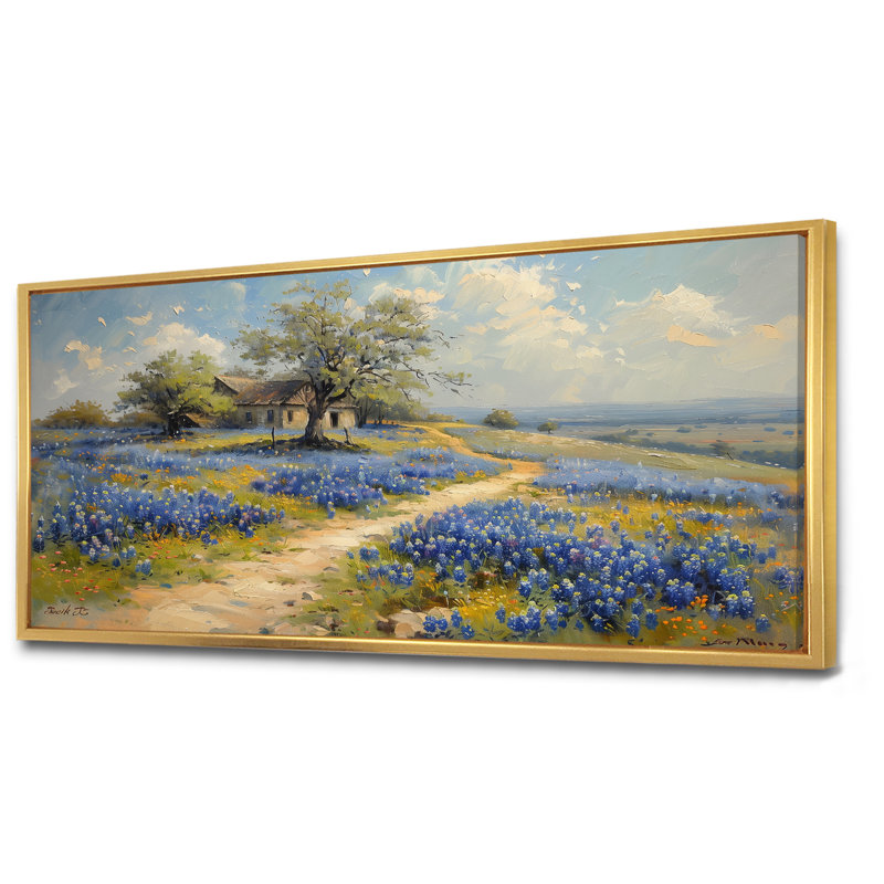 «Blue Green Summer Meadow Charm Blue Bonnets II - Blue Bonnets», art mural, Toile avec cadre flottant or