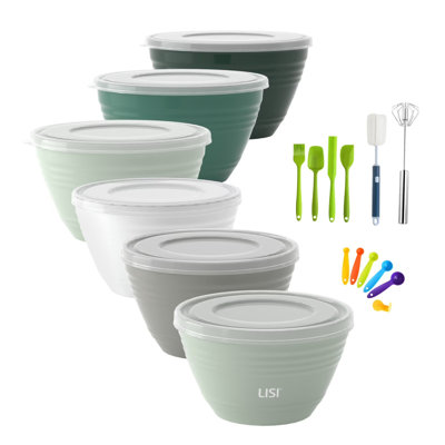 LISI 23Pcs Mixing Bowls Set With Lids, Airtight BPA-Free Nesting Bowls For Mixing, Baking, Cooking & Storage, Dishwasher Safe Serving Bowl, Includes Spatula, Spoons, Brush & Whisk
