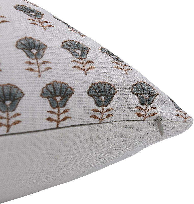 Coussin décoratif en lin gris avec fermeture à glissière Boho, Carré, H 20 po x l 20 po, Blanc cassé, floral