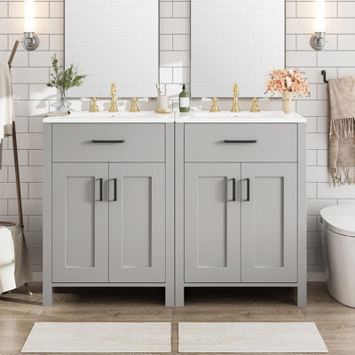 Meuble-lavabo moderne de 48 pouces avec lavabo en céramique, portes à fermeture en douceur, tiroir rabattable, tablettes de porte à double couche, solution de rangement élégante