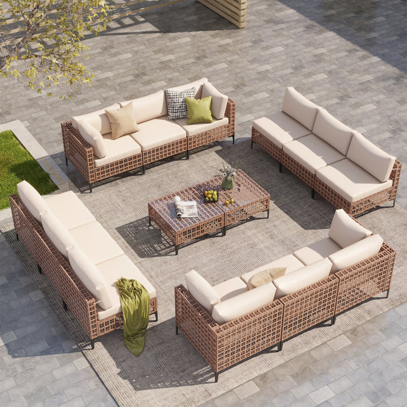 12 - Person Outdoor Seating Group With Cushions, Beige, Beige