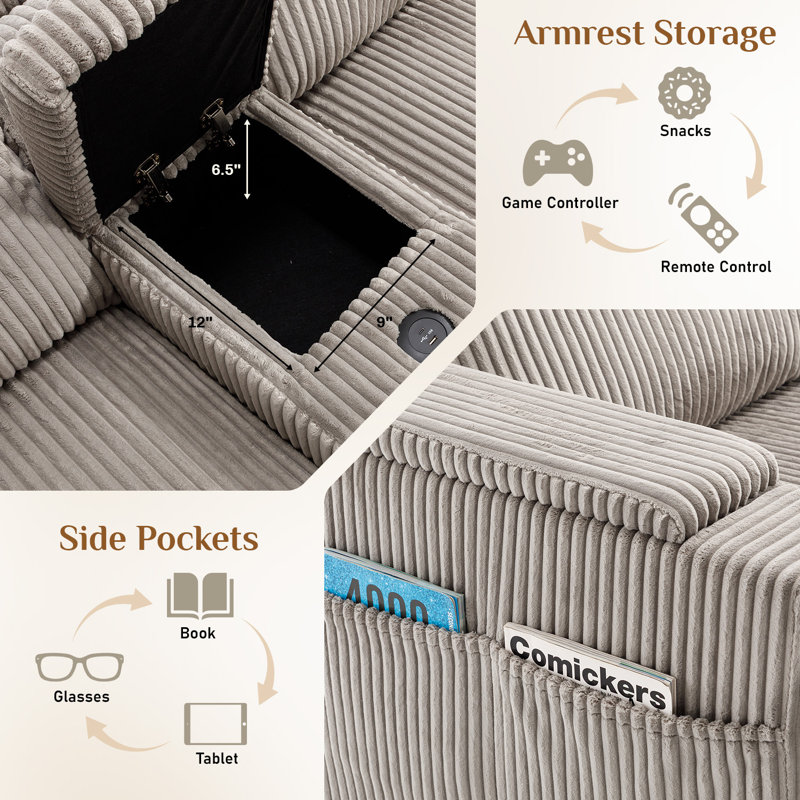  Canapé modulaire surdimensionné en velours côtelé avec console de rangement et repose-pieds mobiles 153,5 "153,5" 153 "