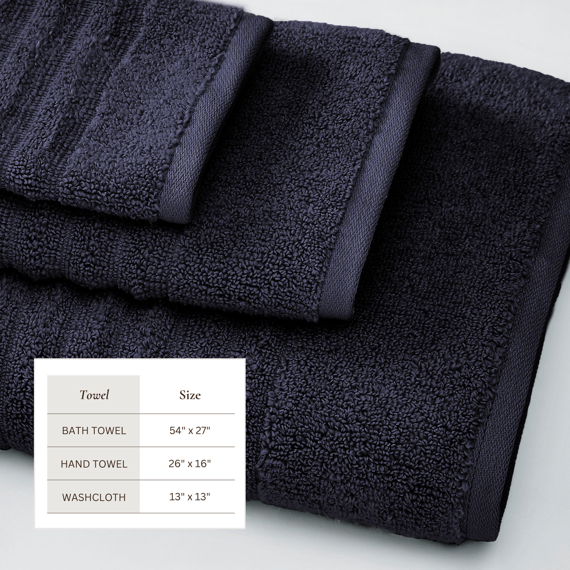 100% Zero-Twist Cotton Ribbed Hand Towels (Set of 6), 6 Piece Towel Set, Navy Blue