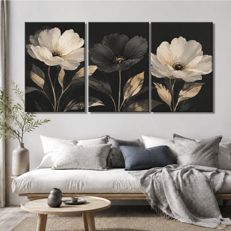 Impression sur toile 3 panneaux muraux pivoines sur fond foncé, 28 * 40 pouces * 3