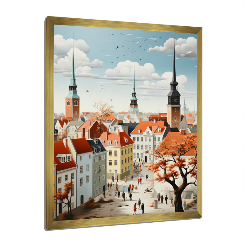 Hoosick Danemark, toits écarlates, collage I - impression, H 32 po x l 24 po x P 1 po, Encadrement doré