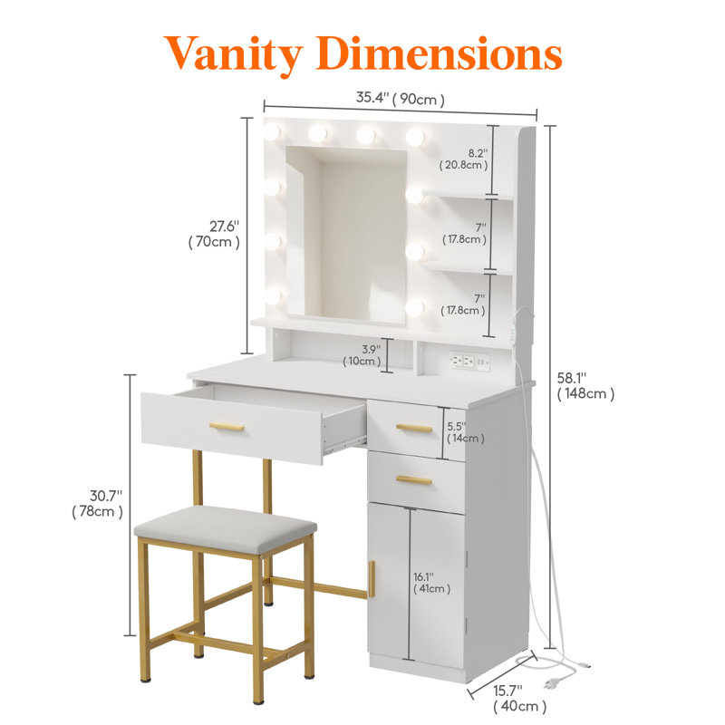 Coiffeuse avec miroir et lumières, couleur / luminosité réglable, bureau de maquillage blanc avec 2 tiroirs et tabouret pour la chambre à coucher, la salle de bain et la salle de maquillage